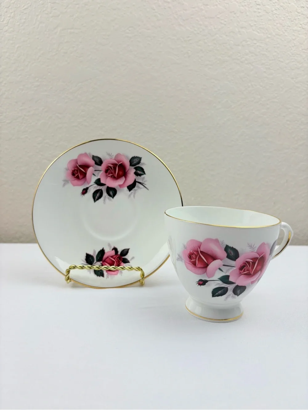 Vintage Royal Dover China Fine Bone China Teacup & Saucer with Pink Rose Design